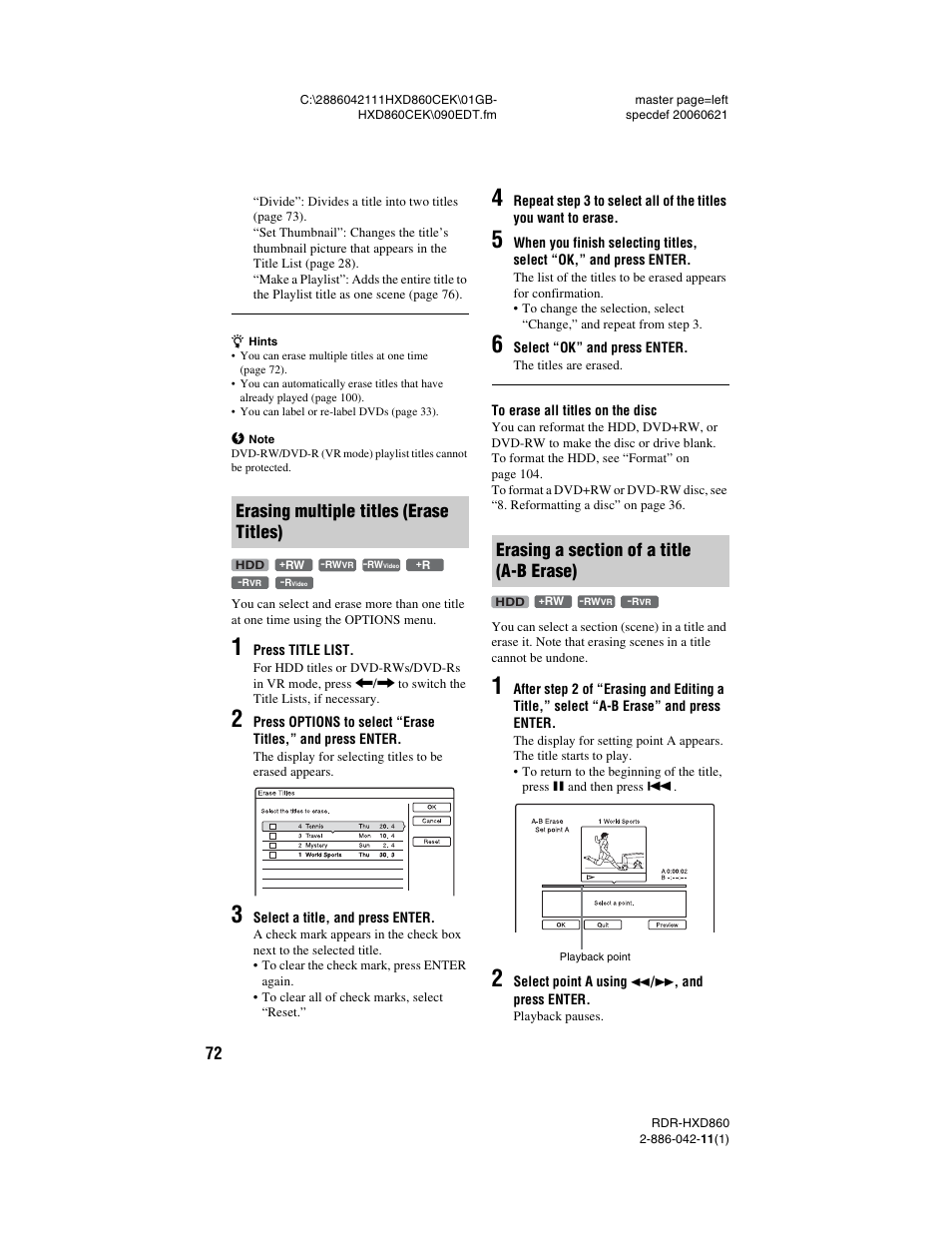 Erasing multiple titles (erase titles), Erasing a section of a title (a-b erase) | Sony RDR-HXD860 User Manual | Page 72 / 124