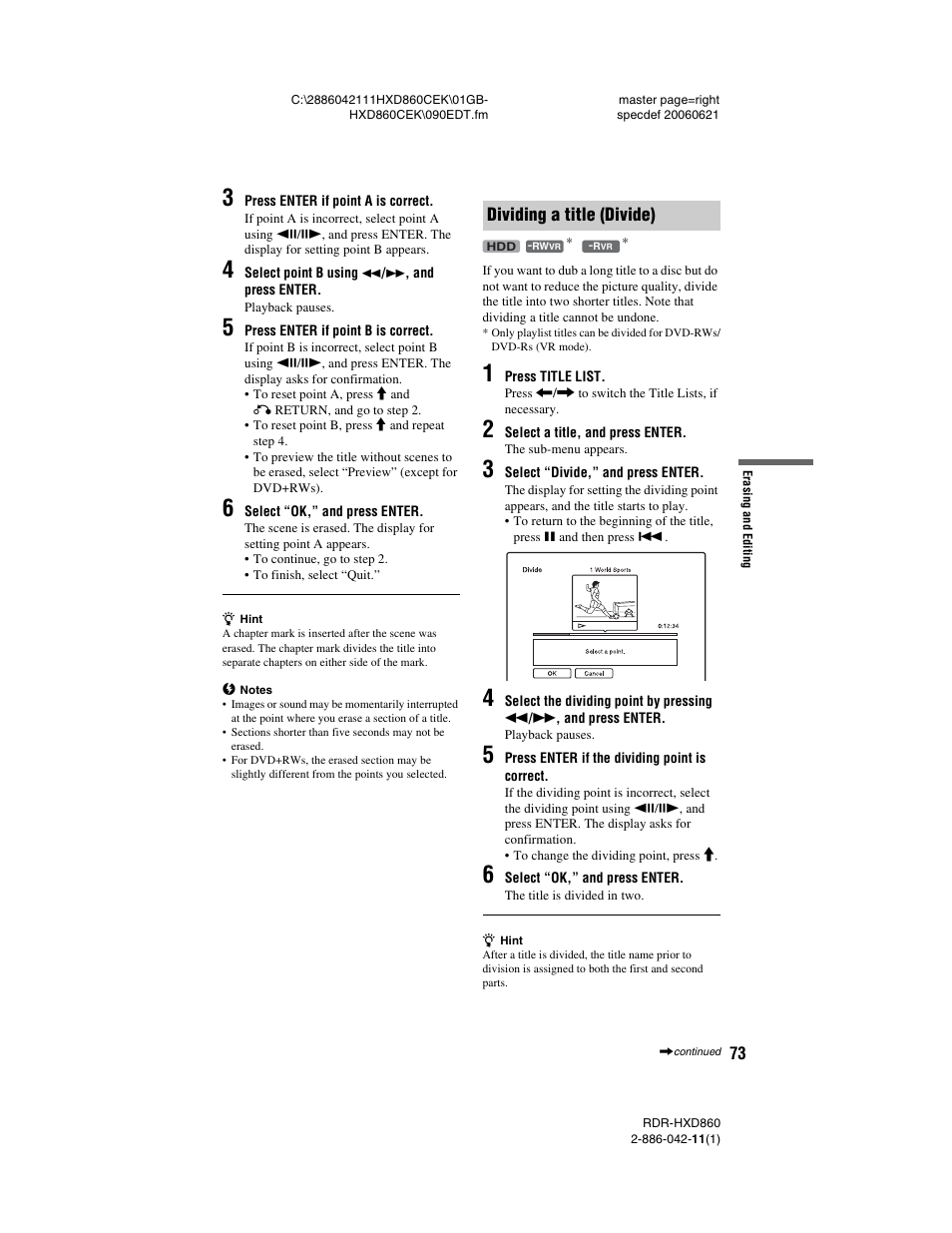 Dividing a title (divide) | Sony RDR-HXD860 User Manual | Page 73 / 124