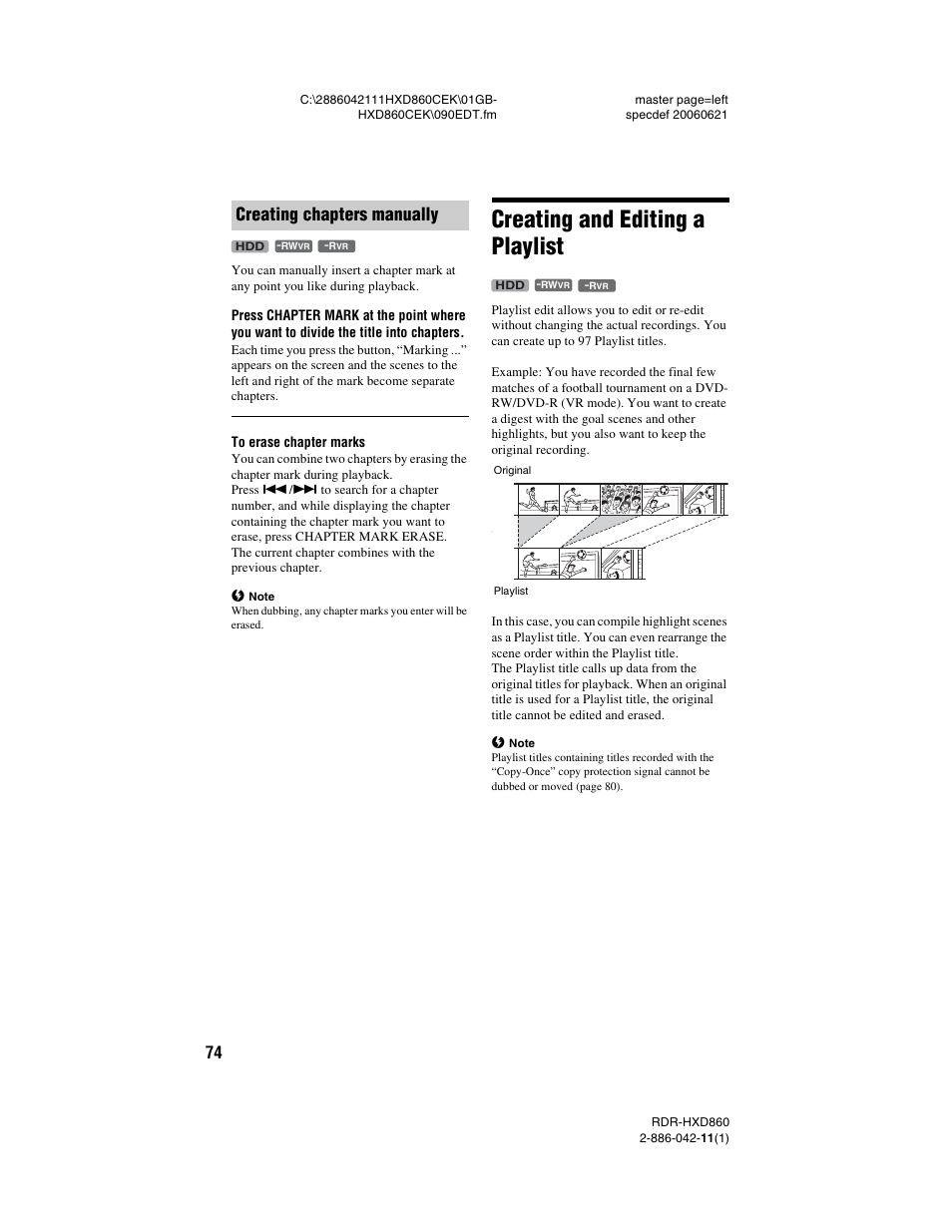 Creating chapters manually, Creating and editing a playlist | Sony RDR-HXD860 User Manual | Page 74 / 124