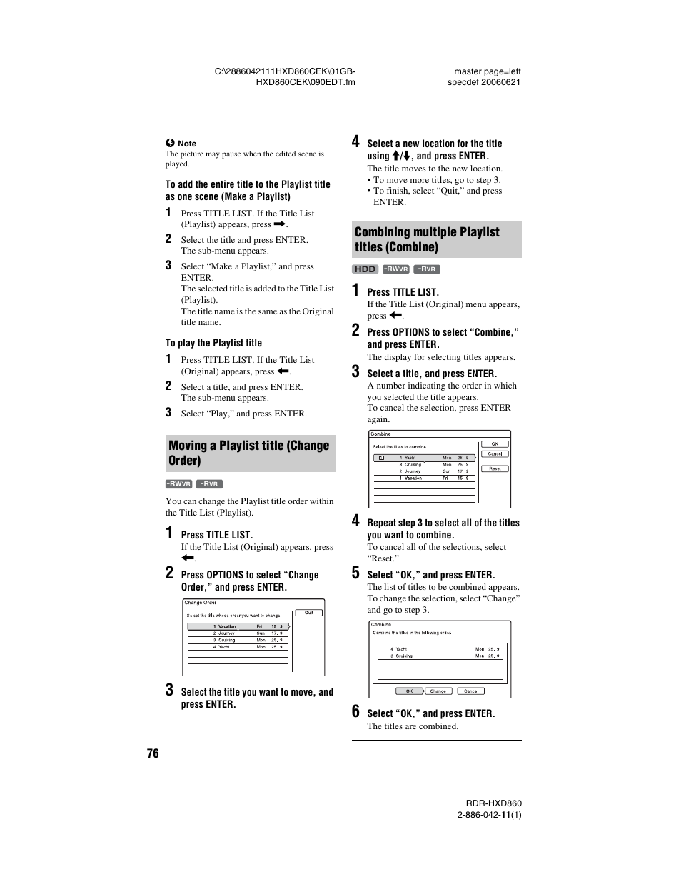 Moving a playlist title (change order), Combining multiple playlist titles (combine) | Sony RDR-HXD860 User Manual | Page 76 / 124