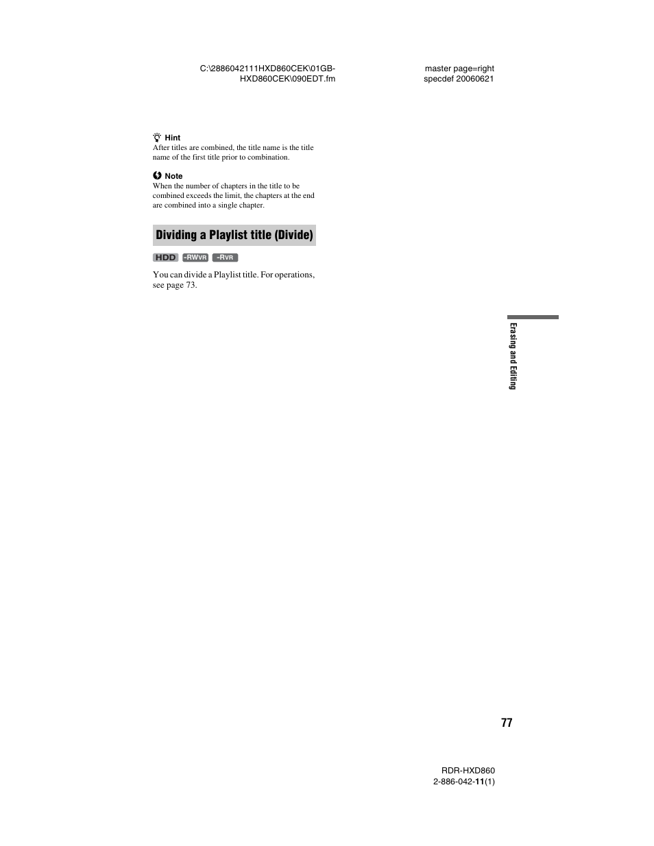 Dividing a playlist title (divide) | Sony RDR-HXD860 User Manual | Page 77 / 124