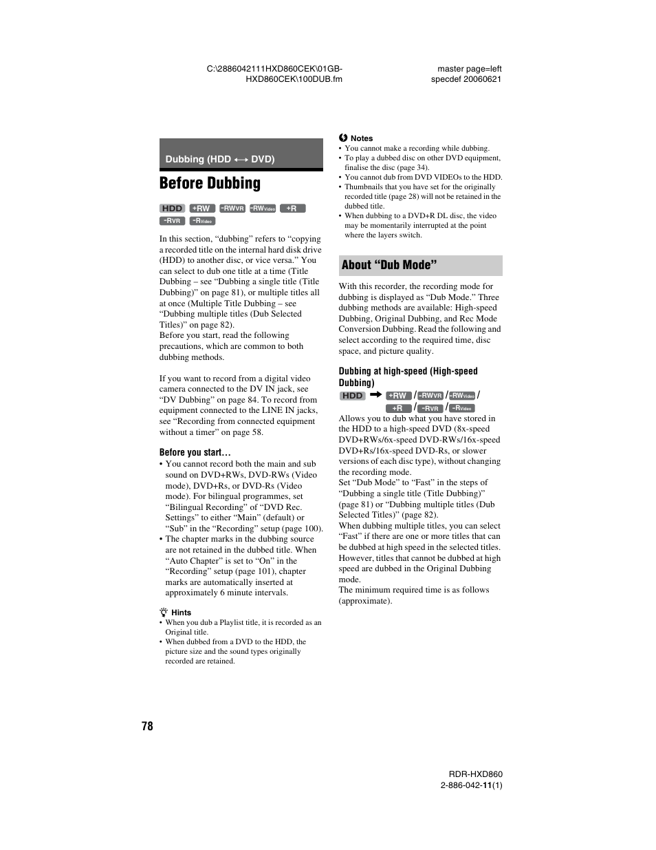 Dubbing (hdd y dvd), Before dubbing, About “dub mode | Dubbing (hdd y | Sony RDR-HXD860 User Manual | Page 78 / 124