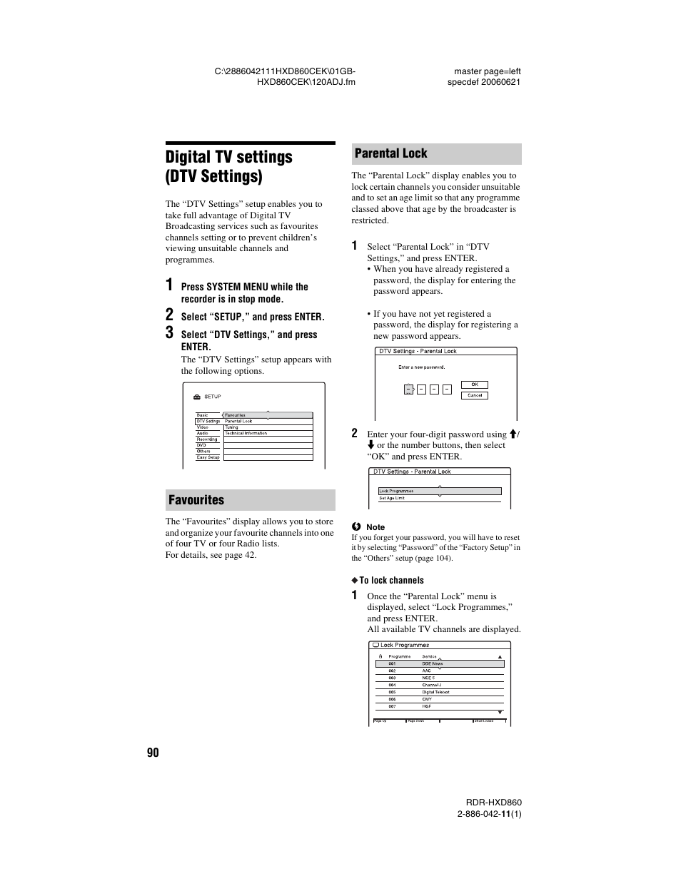 Digital tv settings (dtv settings), Favourites, Parental lock | Favourites parental lock | Sony RDR-HXD860 User Manual | Page 90 / 124