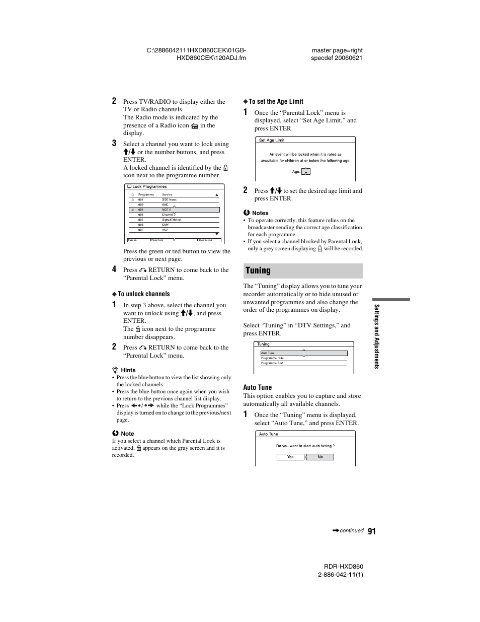 Tuning | Sony RDR-HXD860 User Manual | Page 91 / 124