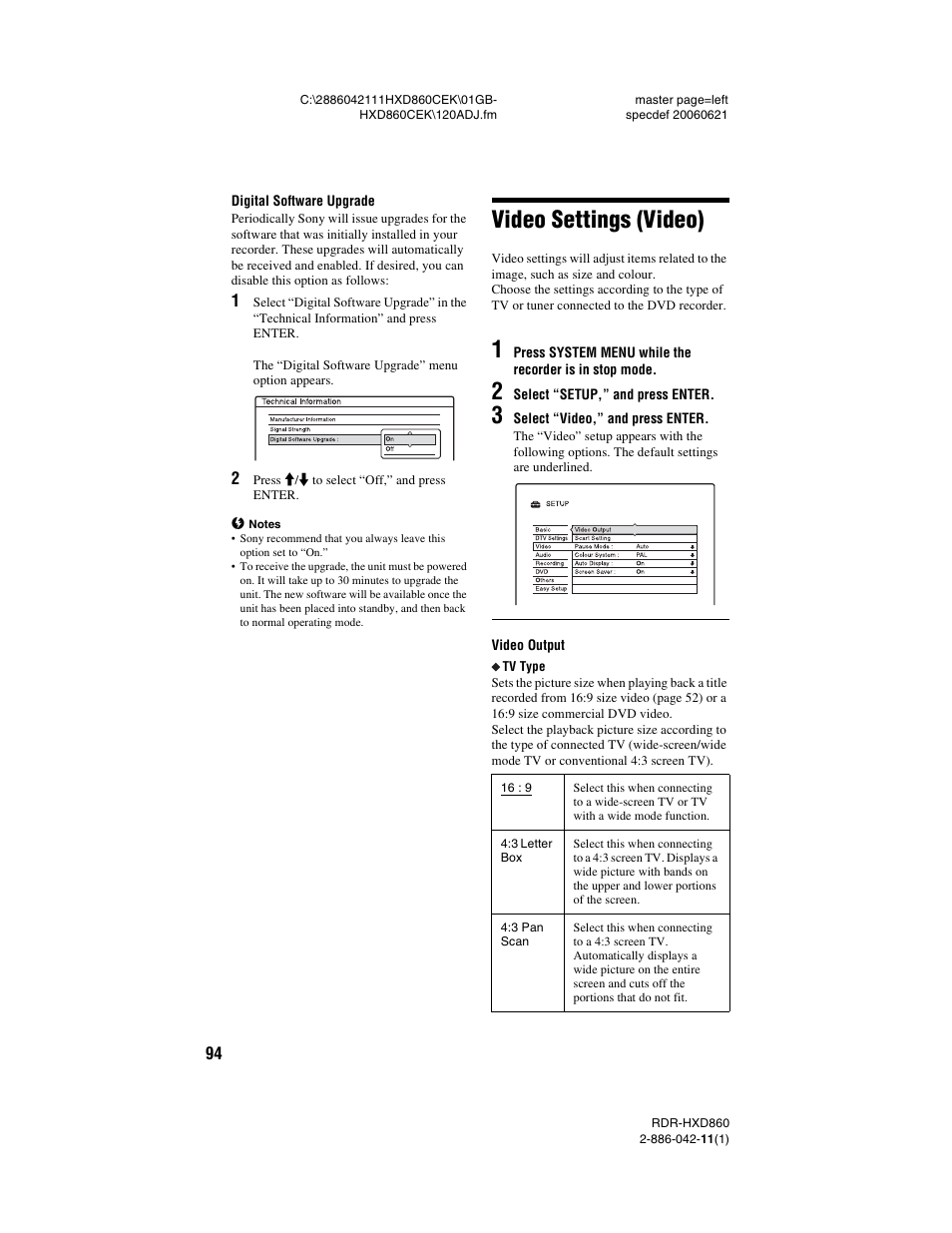 Video settings (video) | Sony RDR-HXD860 User Manual | Page 94 / 124