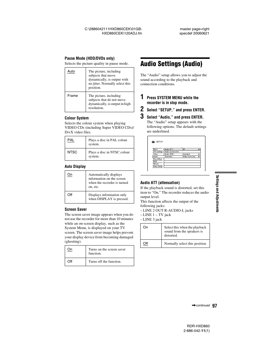 Audio settings (audio) | Sony RDR-HXD860 User Manual | Page 97 / 124