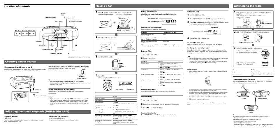 Playing a cd listening to the radio, Choosing power sources | Sony CFD-V31L User Manual | Page 2 / 2