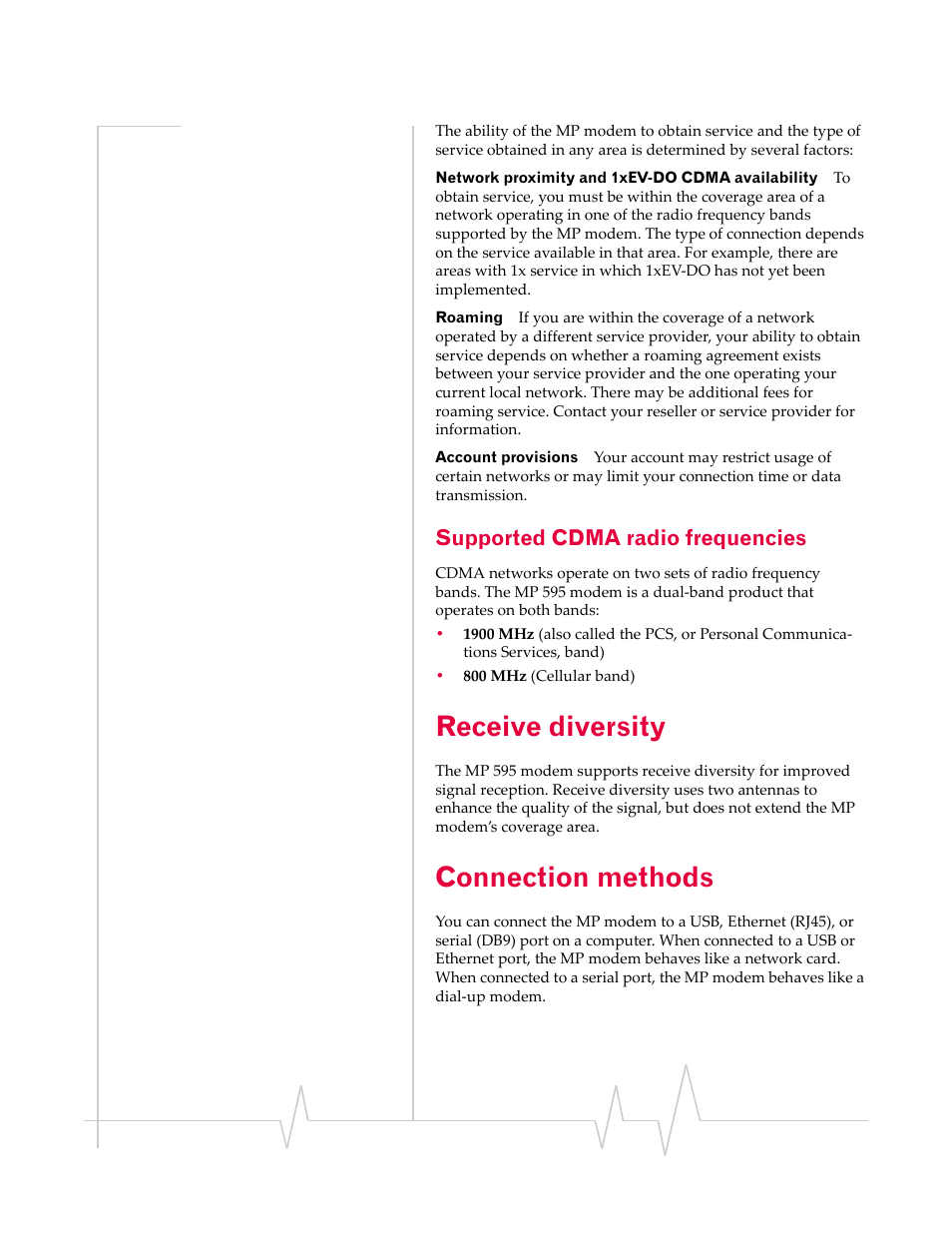 Supported cdma radio frequencies, Receive diversity, Connection methods | Sony MP595 User Manual | Page 15 / 88