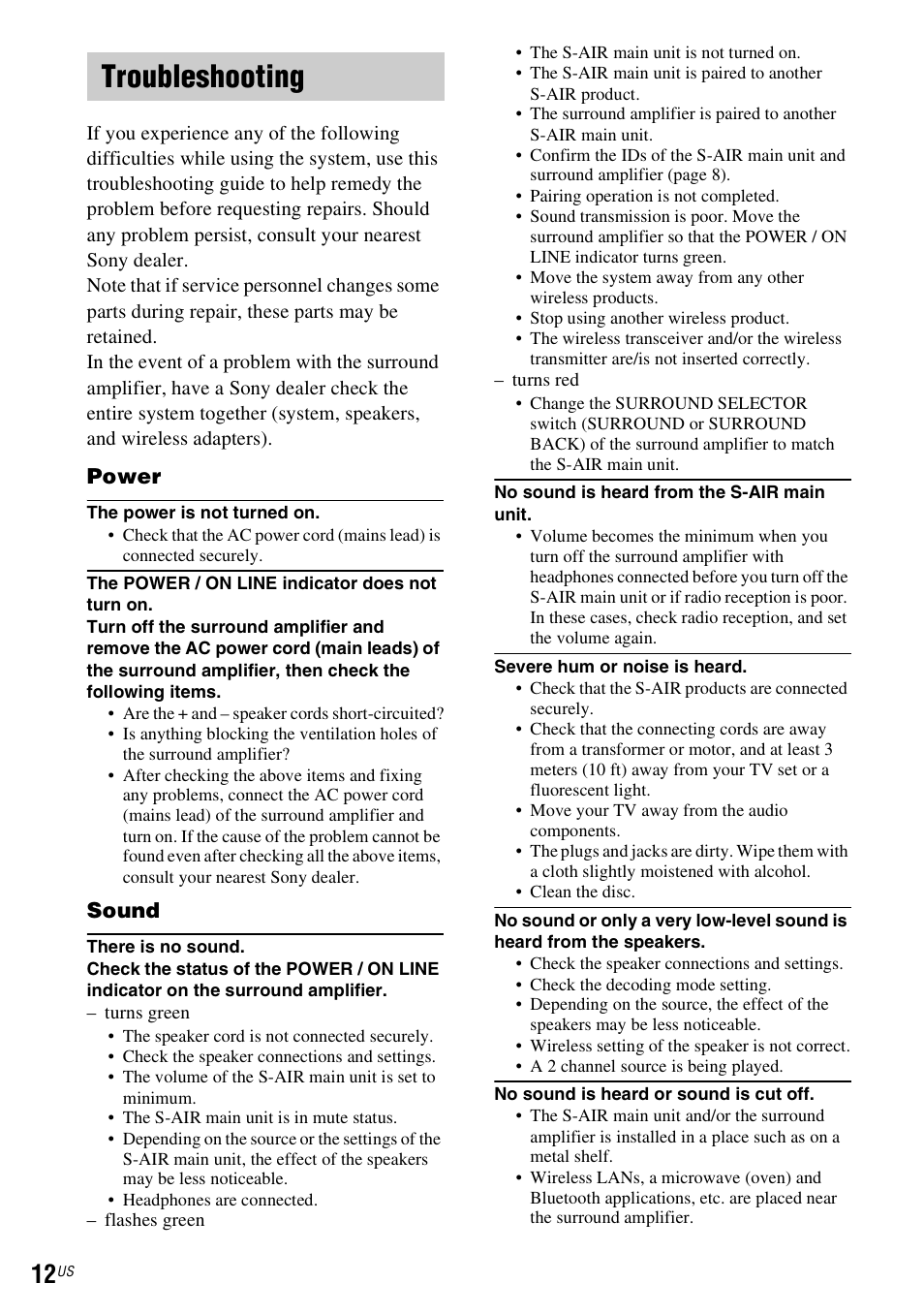 Troubleshooting, Power, Sound | Sony WAHT-SA1 User Manual | Page 12 / 48