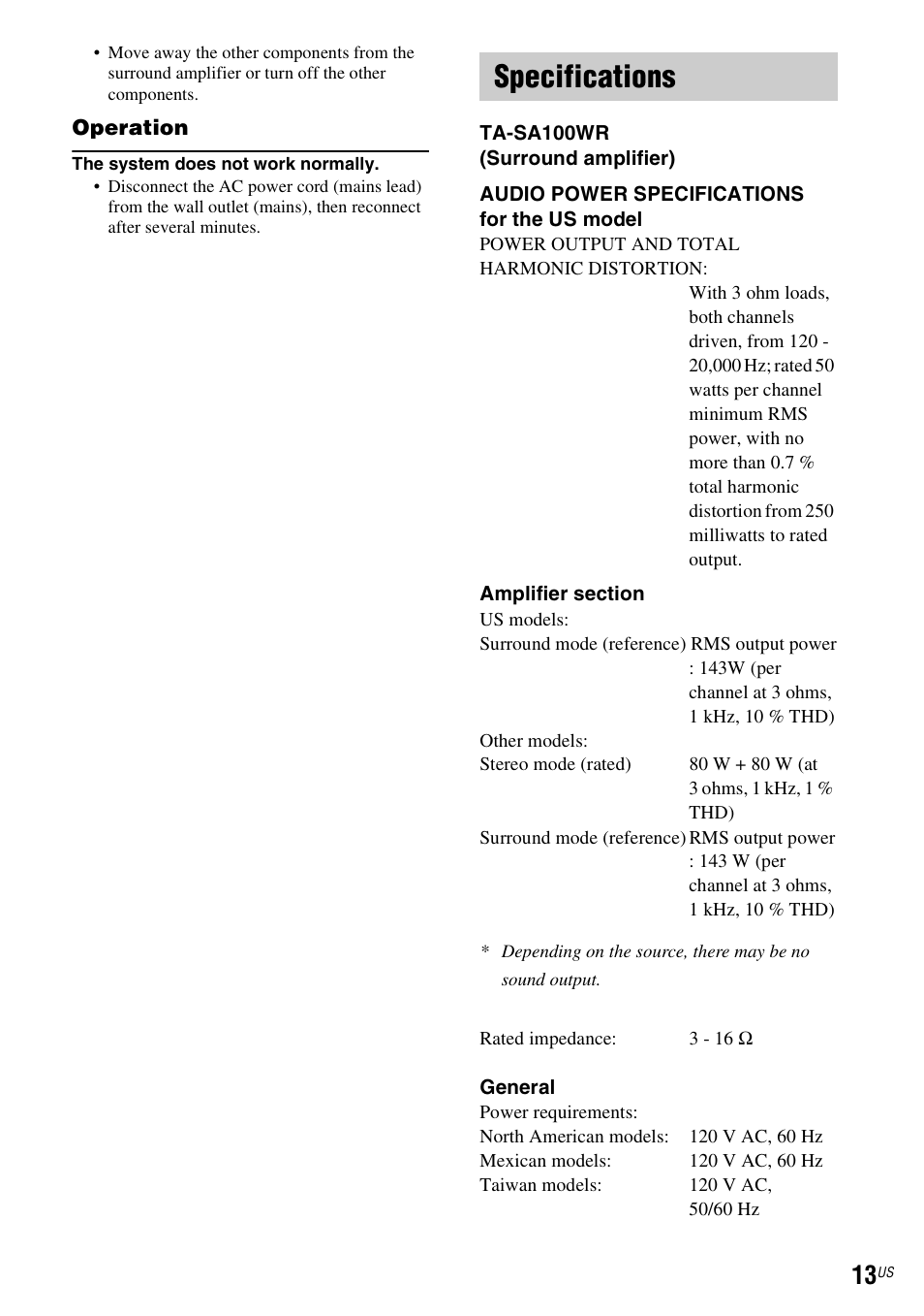 Specifications | Sony WAHT-SA1 User Manual | Page 13 / 48