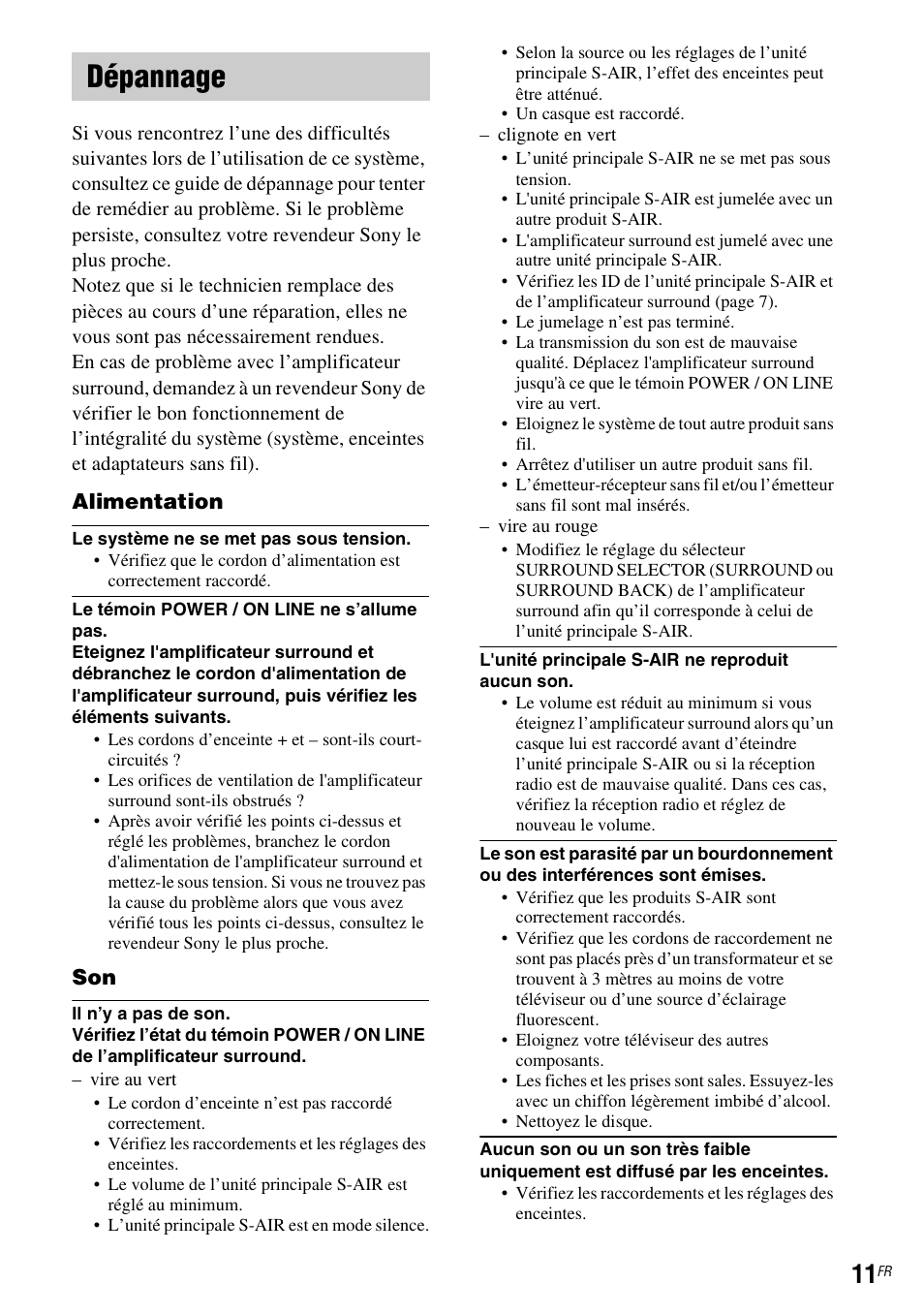 Dépannage, Alimentation | Sony WAHT-SA1 User Manual | Page 25 / 48