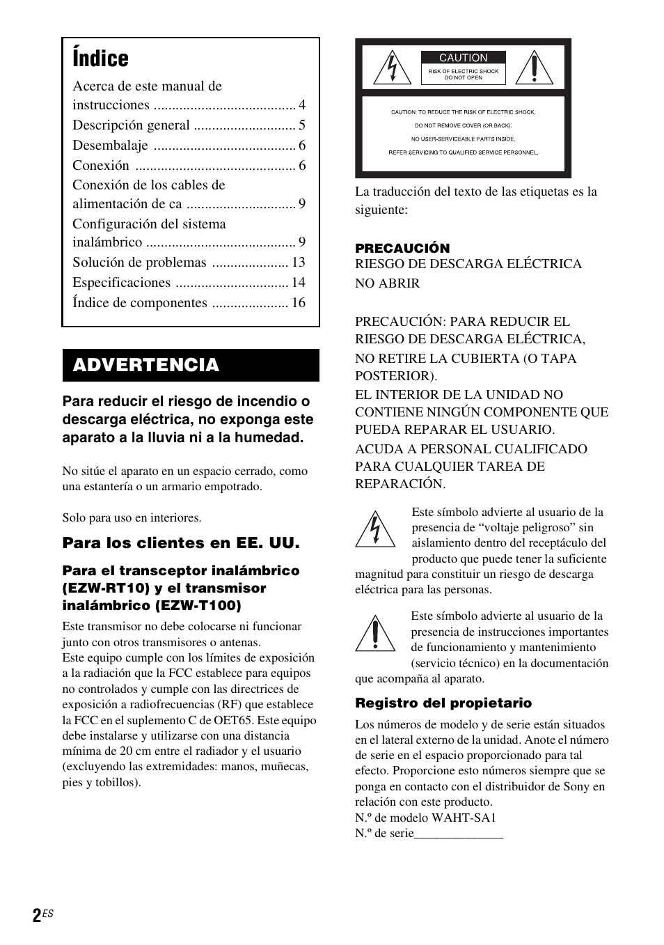 Índice, Advertencia | Sony WAHT-SA1 User Manual | Page 30 / 48