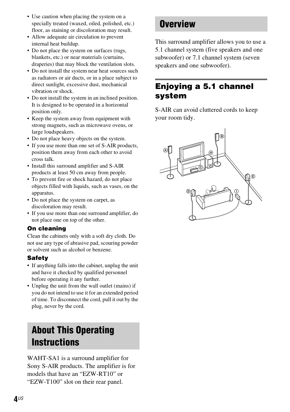About this operating instructions, Overview, About this operating instructions overview | Enjoying a 5.1 channel system | Sony WAHT-SA1 User Manual | Page 4 / 48