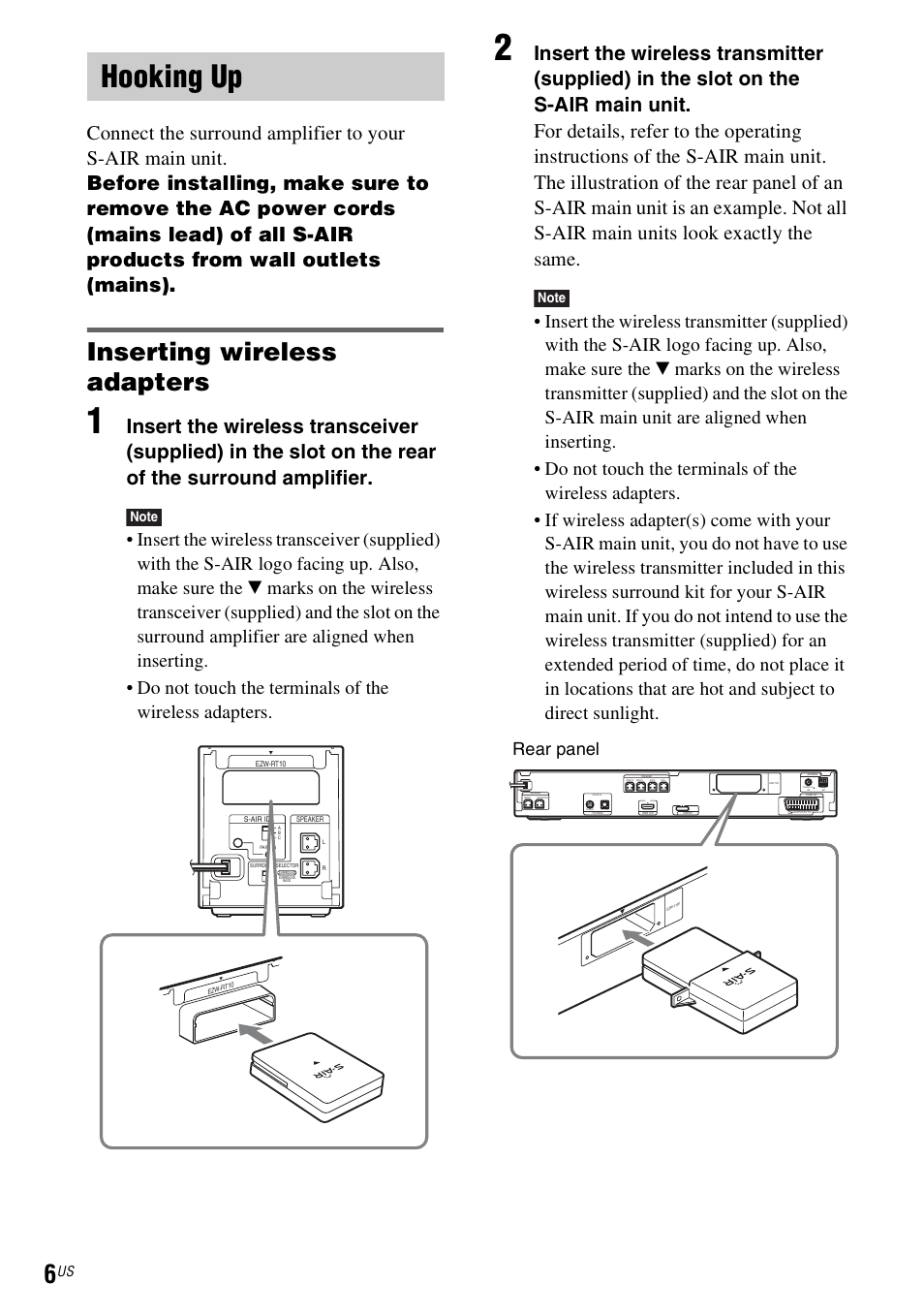 Hooking up, Inserting wireless adapters, Rear panel | Sony WAHT-SA1 User Manual | Page 6 / 48
