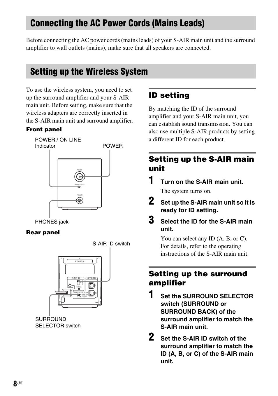 Connecting the ac power cords (mains leads), Setting up the wireless system, Id setting | Setting up the s-air main unit, Setting up the surround amplifier | Sony WAHT-SA1 User Manual | Page 8 / 48
