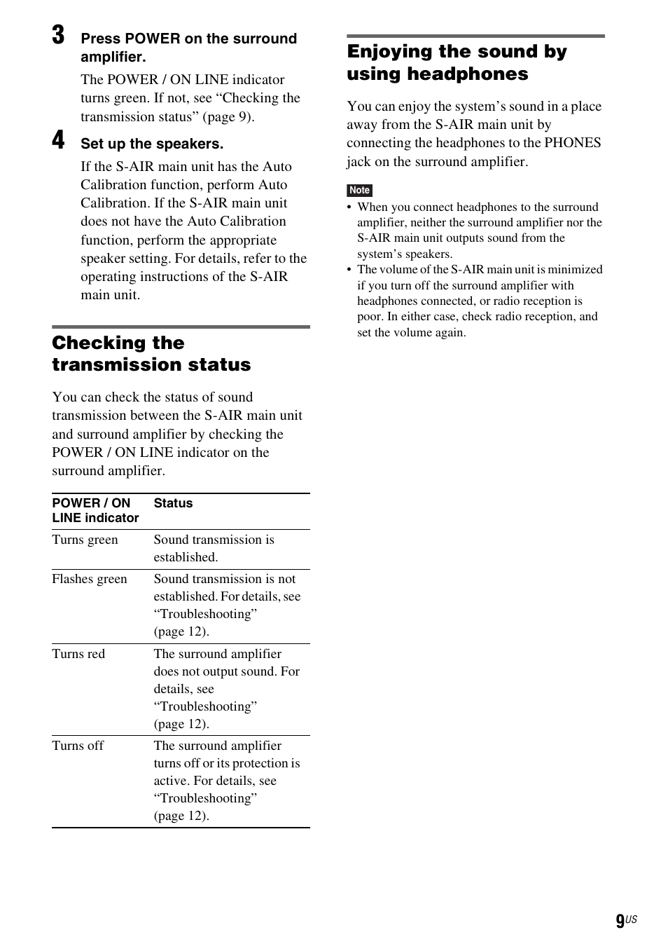 Checking the transmission status, Enjoying the sound by using headphones | Sony WAHT-SA1 User Manual | Page 9 / 48