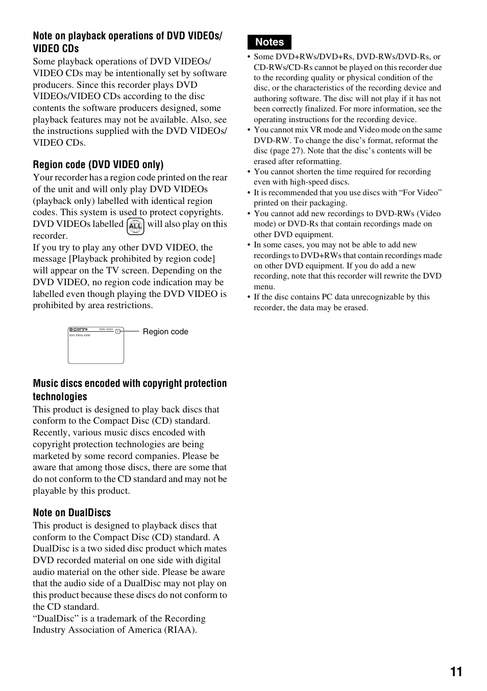 Region code (dvd video only) | Sony RDR-GX210 User Manual | Page 11 / 96