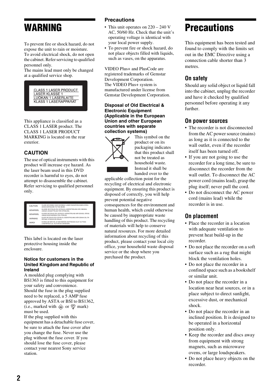 Warning, Precautions, On safety | On power sources, On placement | Sony RDR-GX210 User Manual | Page 2 / 96