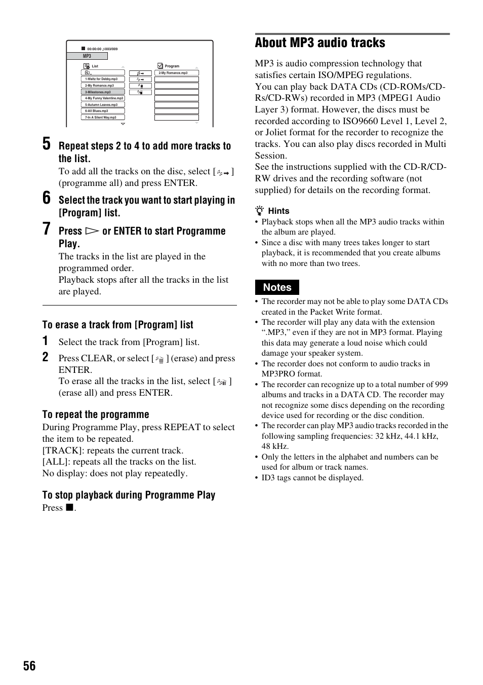 About mp3 audio tracks | Sony RDR-GX210 User Manual | Page 56 / 96