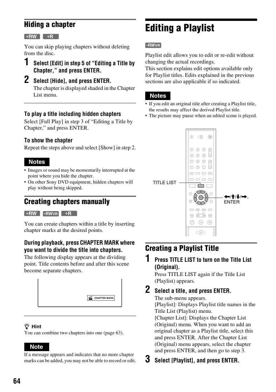 Editing a playlist, Hiding a chapter, Creating chapters manually | Creating a playlist title | Sony RDR-GX210 User Manual | Page 64 / 96