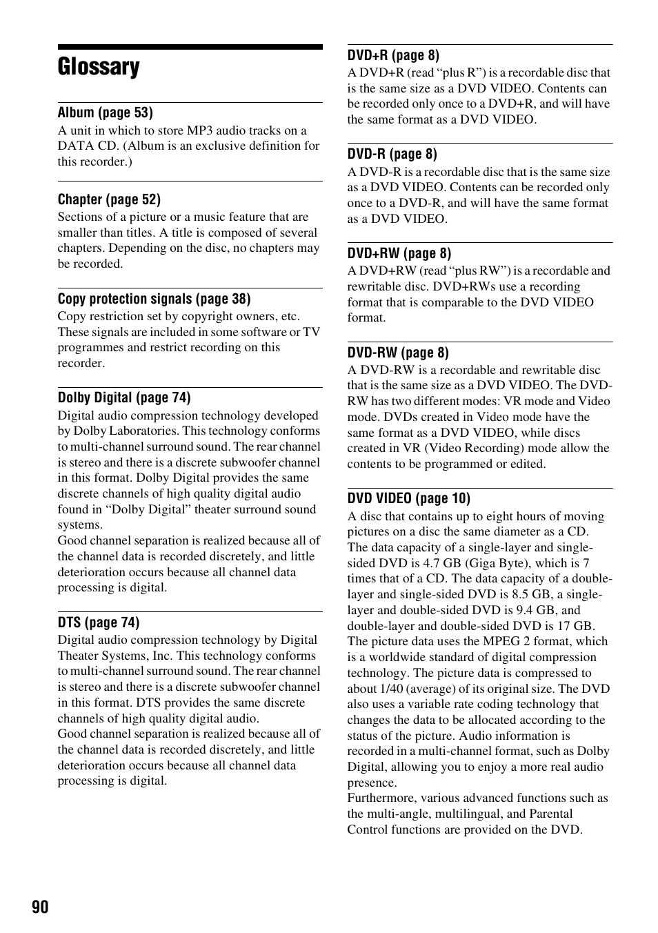 Glossary | Sony RDR-GX210 User Manual | Page 90 / 96