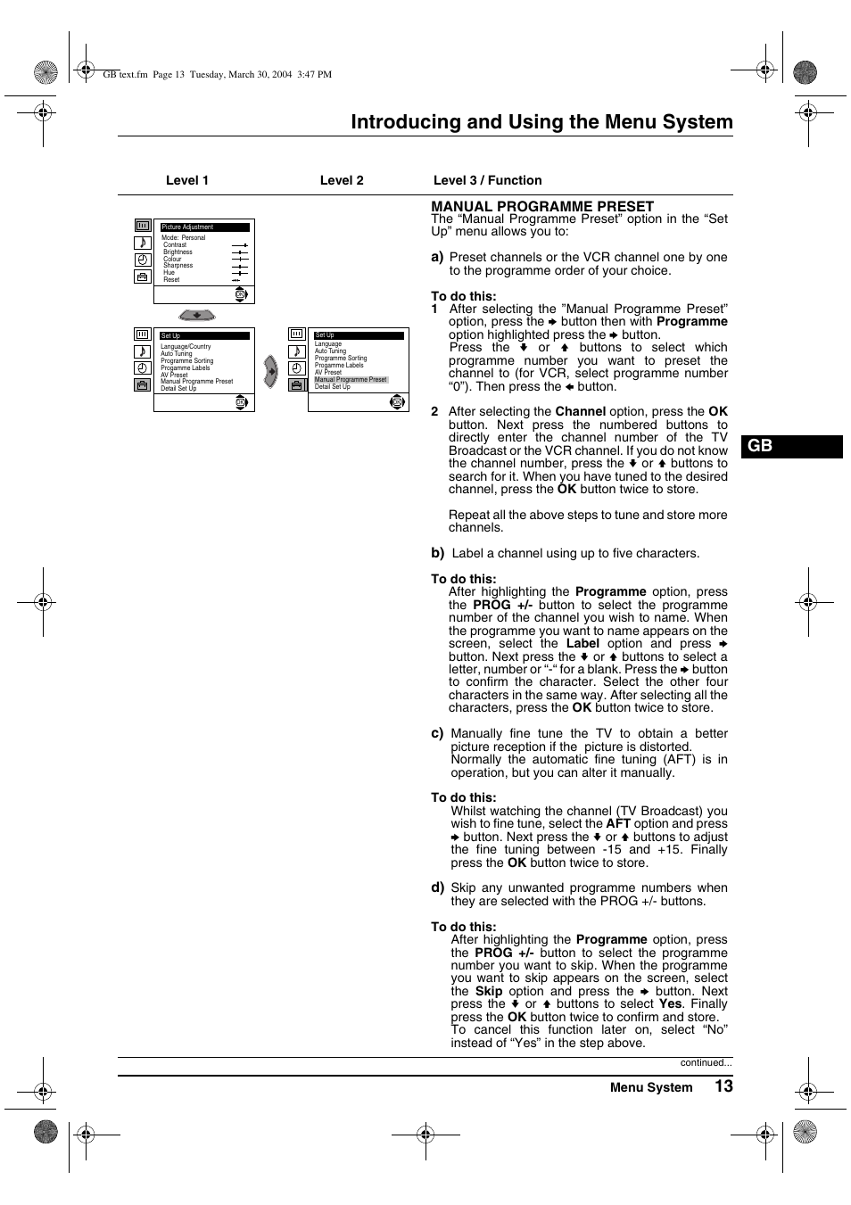 Introducing and using the menu system | Sony FD Trinitron WEGA KV-28CS70 User Manual | Page 13 / 24