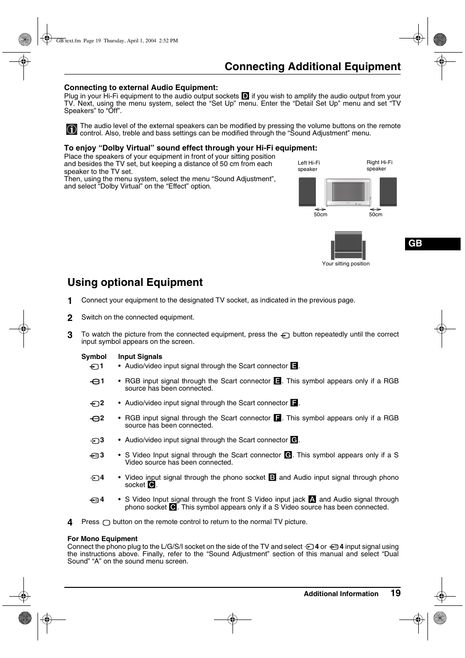 Connecting additional equipment, Using optional equipment | Sony FD Trinitron WEGA KV-28CS70 User Manual | Page 19 / 24