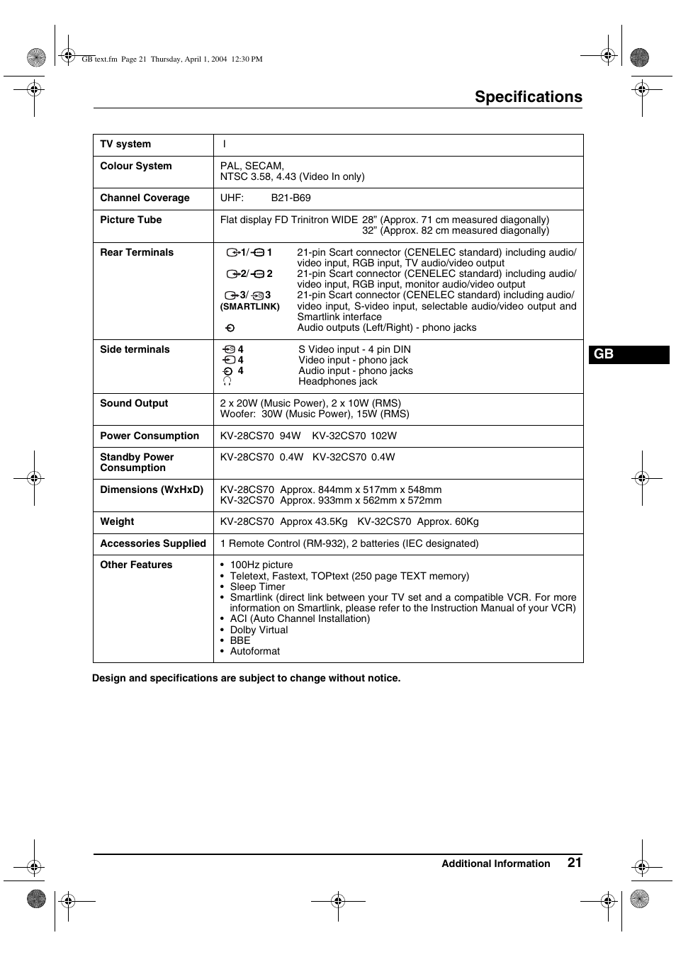 Specifications | Sony FD Trinitron WEGA KV-28CS70 User Manual | Page 21 / 24
