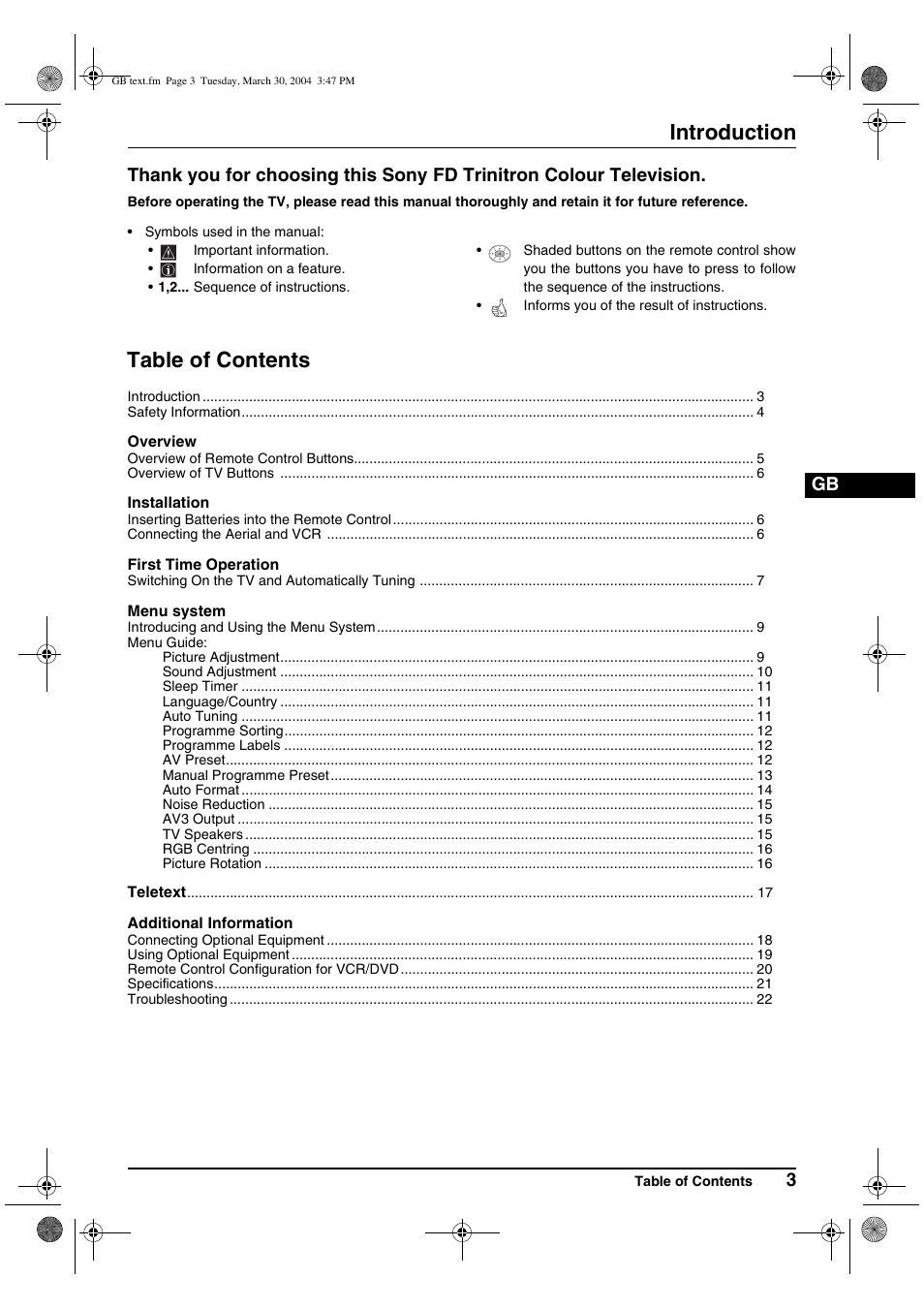 Sony FD Trinitron WEGA KV-28CS70 User Manual | Page 3 / 24