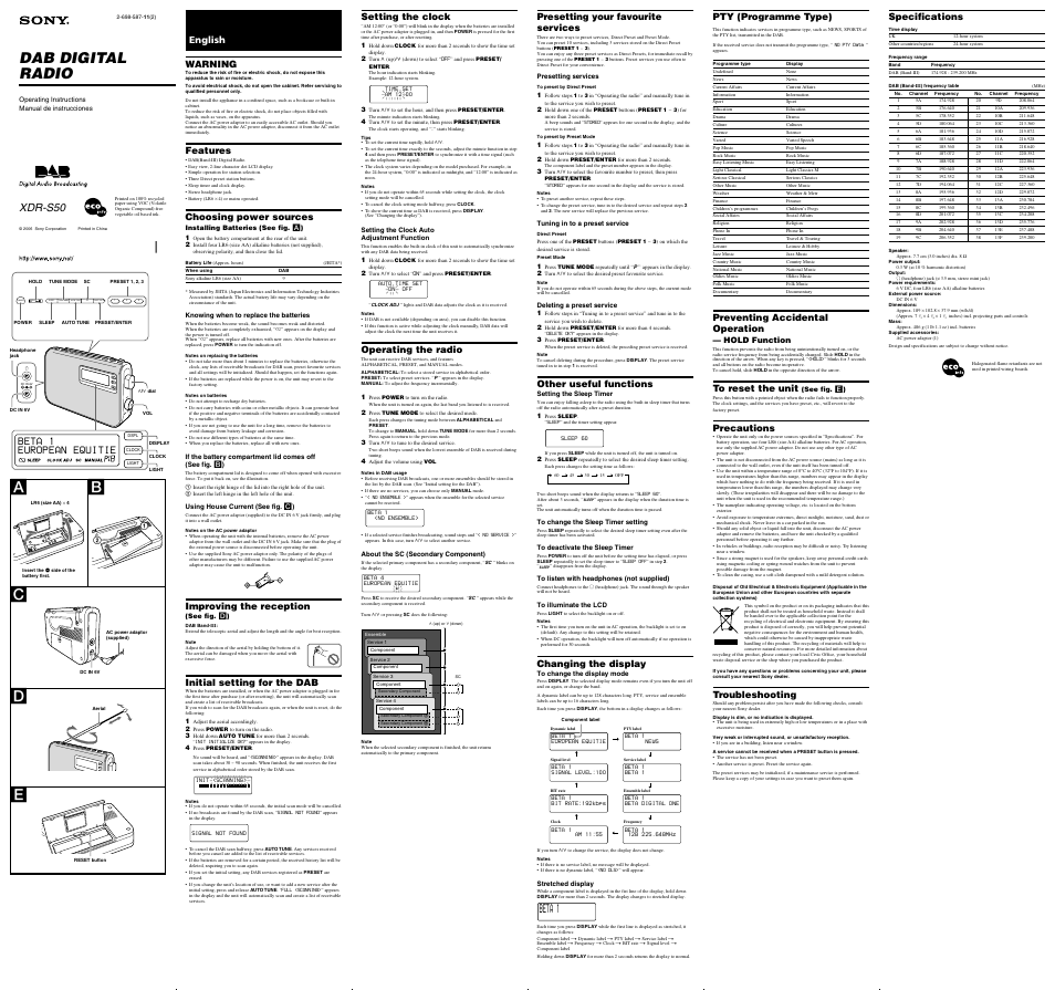 Sony XDR-S50 User Manual | 2 pages