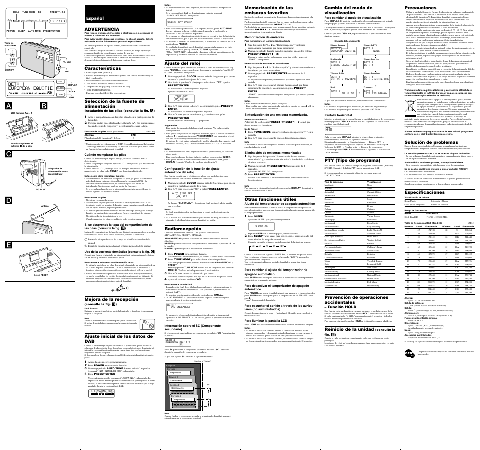 Ab d, Beta 1, Precauciones | Solución de problemas, Especificaciones, Español advertencia, Características, Selección de la fuente de alimentación, Mejora de la recepción, Ajuste inicial de los datos de dab | Sony XDR-S50 User Manual | Page 2 / 2