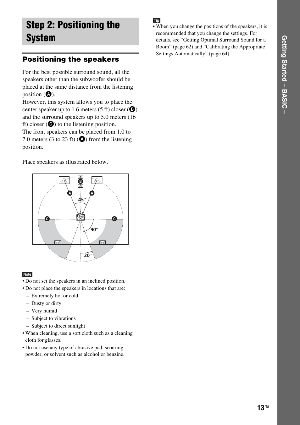 Step 2: positioning the system, Positioning the speakers | Sony DAV-DZ231 User Manual | Page 13 / 96