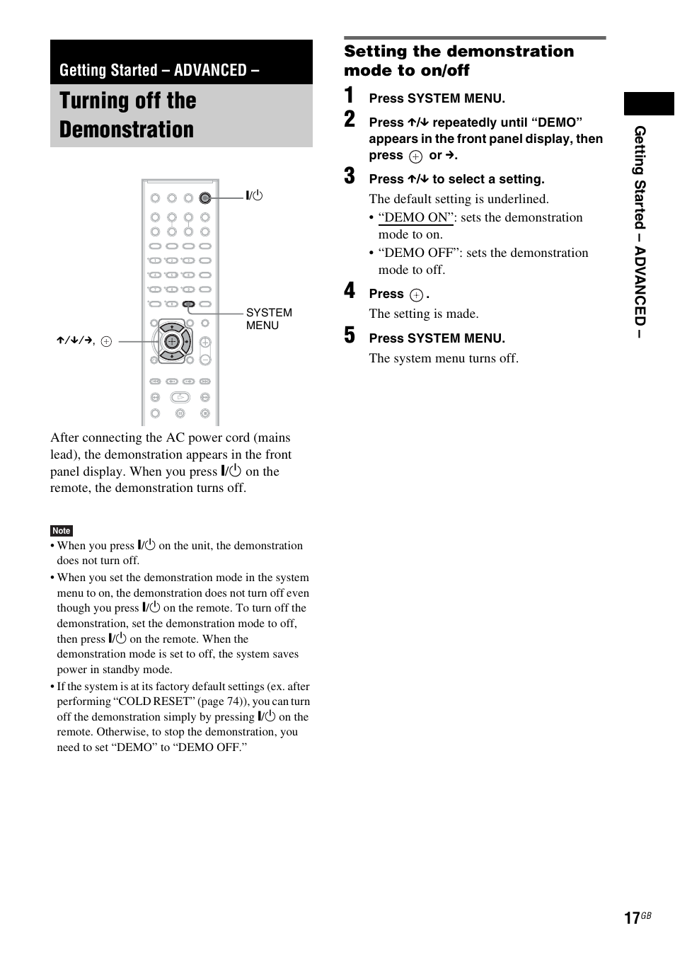 Getting started - advanced, Turning off the demonstration, Setting the demonstration mode to on/off | Getting started – advanced | Sony DAV-DZ231 User Manual | Page 17 / 96