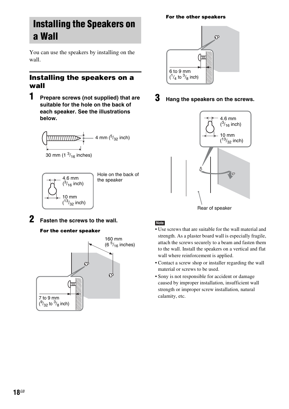 Installing the speakers on a wall, You can use the speakers by installing on the wall | Sony DAV-DZ231 User Manual | Page 18 / 96