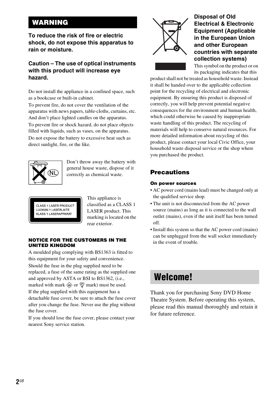 Warning, Welcome | Sony DAV-DZ231 User Manual | Page 2 / 96