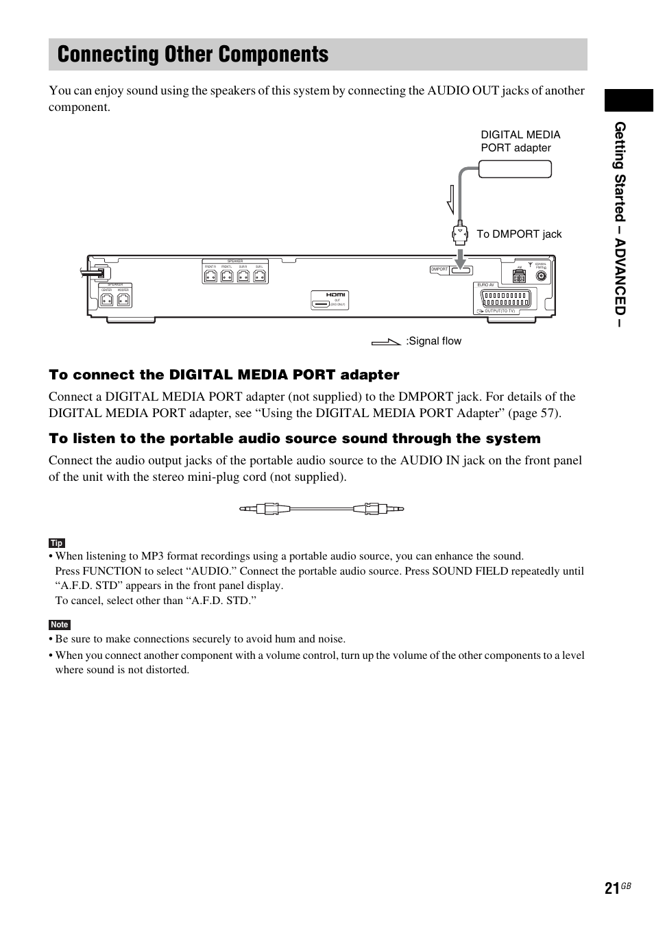 Connecting other components, Ge tti ng sta rte d – ad v anced | Sony DAV-DZ231 User Manual | Page 21 / 96