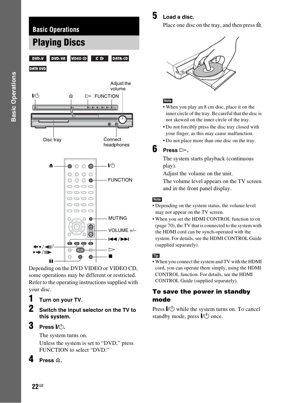 Basic operations, Playing discs | Sony DAV-DZ231 User Manual | Page 22 / 96