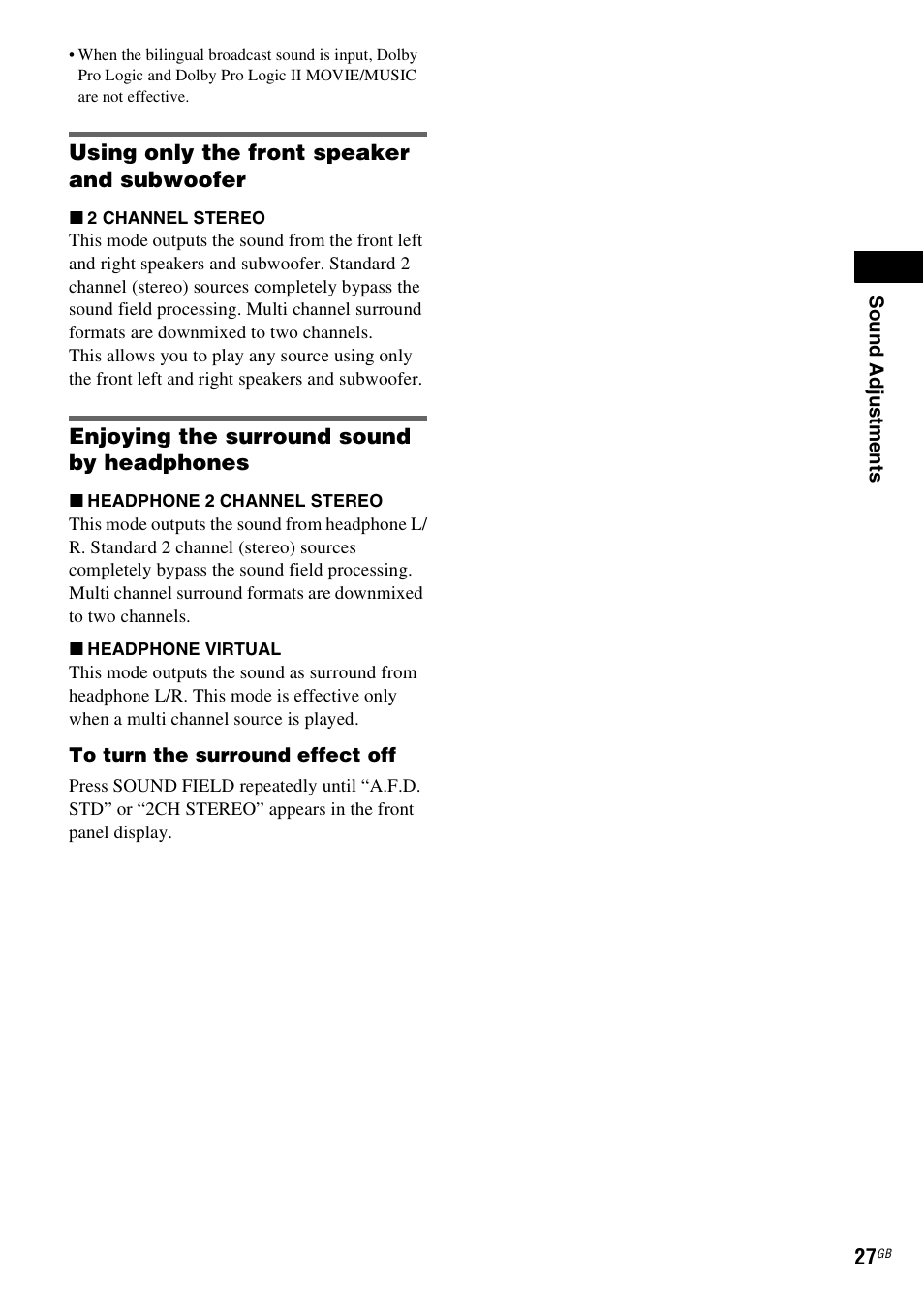 Using only the front speaker and subwoofer, Enjoying the surround sound by headphones | Sony DAV-DZ231 User Manual | Page 27 / 96