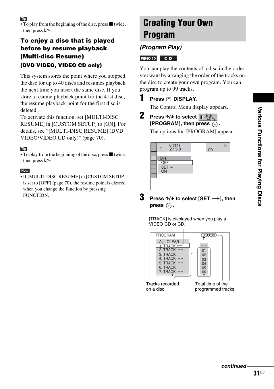 Creating your own program, Program play) | Sony DAV-DZ231 User Manual | Page 31 / 96