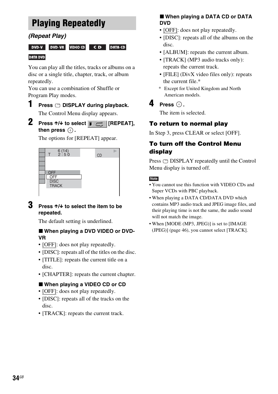 Playing repeatedly, Repeat play) | Sony DAV-DZ231 User Manual | Page 34 / 96
