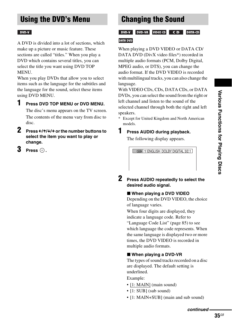 Using the dvd’s menu, Changing the sound, Using the dvd’s menu changing the sound | Sony DAV-DZ231 User Manual | Page 35 / 96