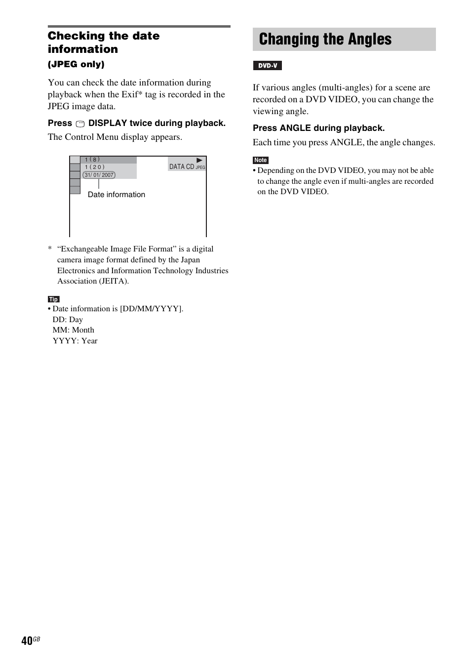 Checking the date information, Changing the angles | Sony DAV-DZ231 User Manual | Page 40 / 96