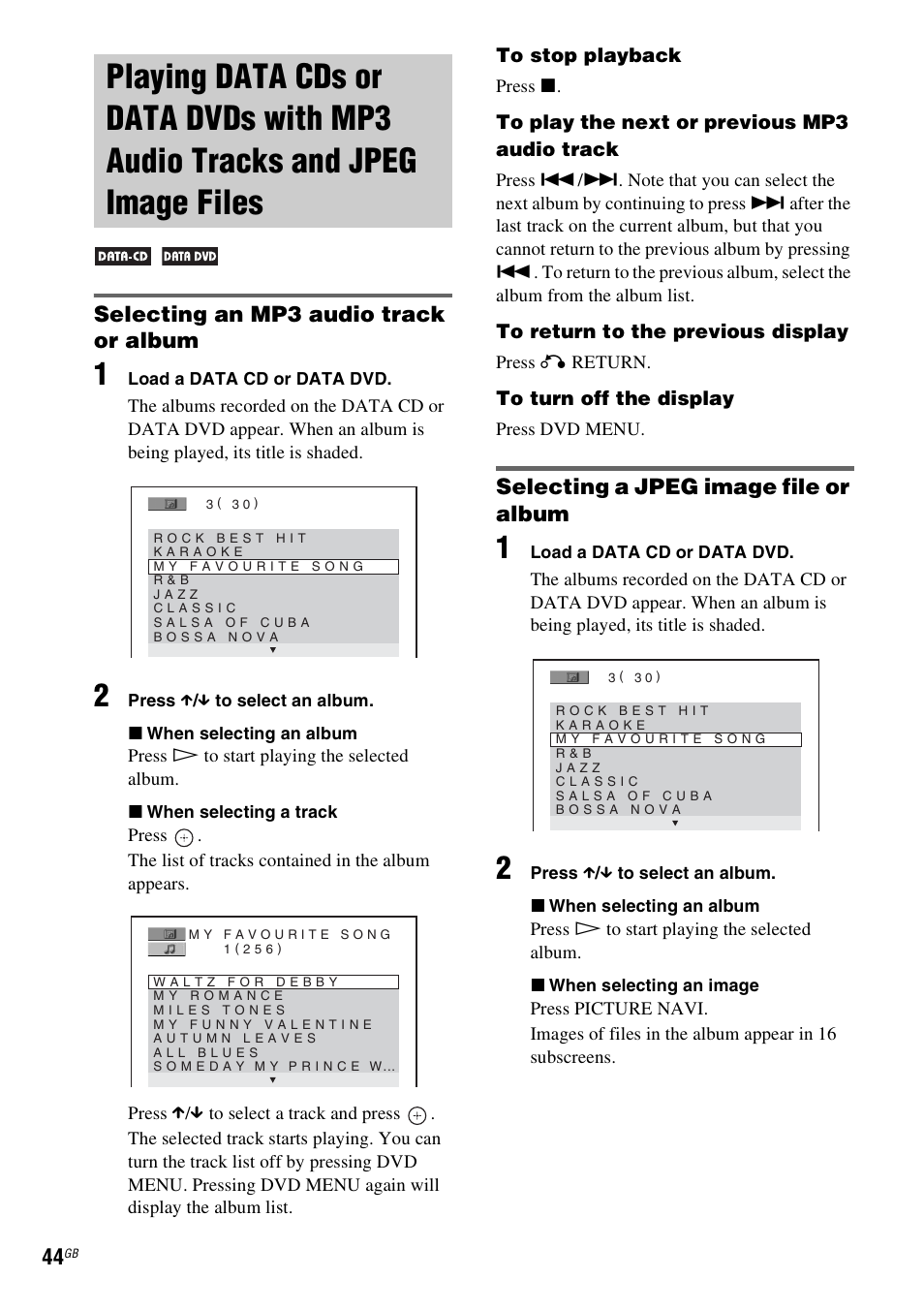 Selecting an mp3 audio track or album, Selecting a jpeg image file or album, Playing data cds or data dvds with | Mp3 audio tracks and jpeg image files | Sony DAV-DZ231 User Manual | Page 44 / 96