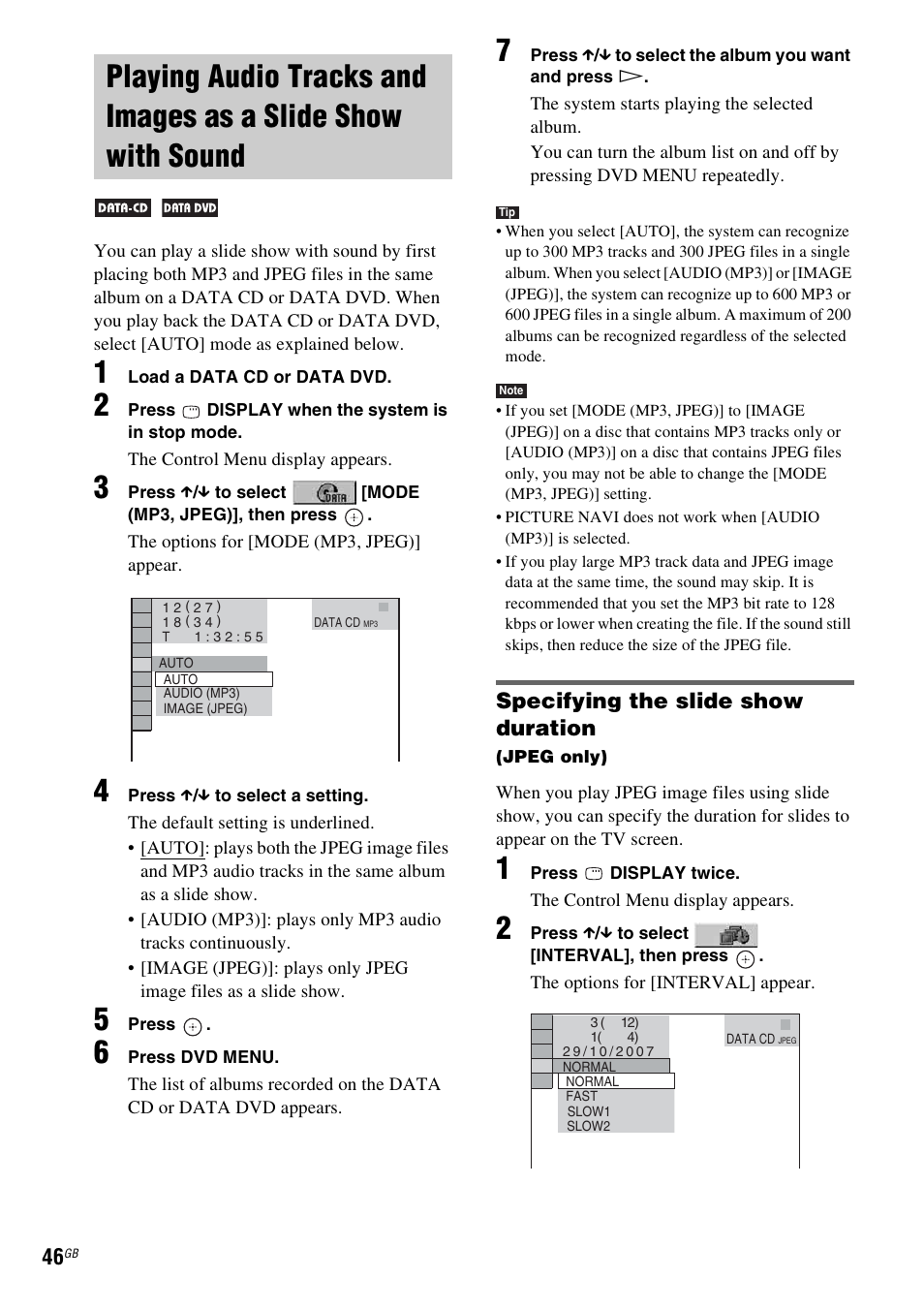 Specifying the slide show duration, Playing audio tracks and images as a, Slide show with sound | Sony DAV-DZ231 User Manual | Page 46 / 96