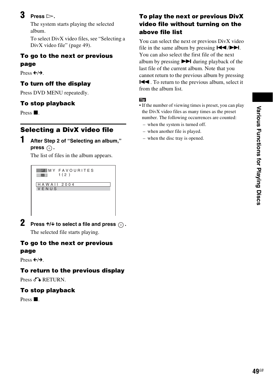 Selecting a divx video file | Sony DAV-DZ231 User Manual | Page 49 / 96