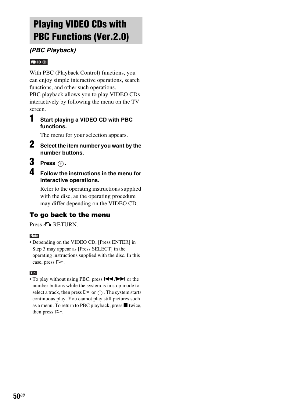 Playing video cds with pbc functions (ver.2.0), Playing video cds with pbc functions, Ver.2.0) (pbc playback) | Sony DAV-DZ231 User Manual | Page 50 / 96