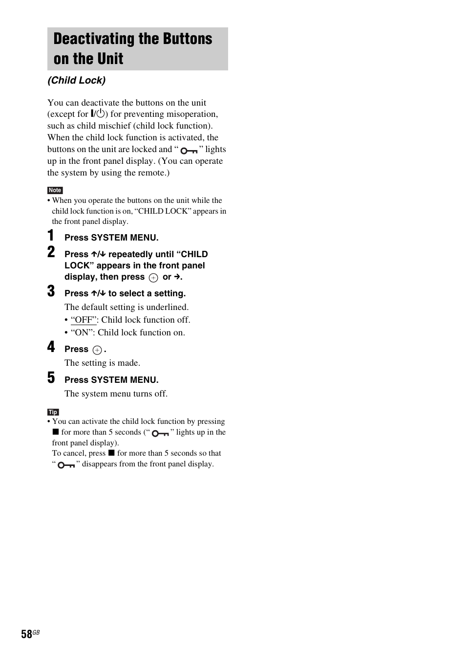 Deactivating the buttons on the unit, Child lock) | Sony DAV-DZ231 User Manual | Page 58 / 96