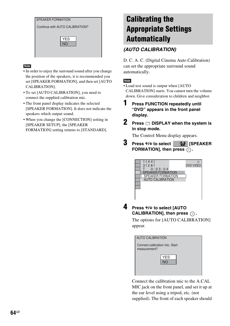 Calibrating the appropriate settings automatically, Calibrating the appropriate settings, Automatically (auto calibration) | Sony DAV-DZ231 User Manual | Page 64 / 96