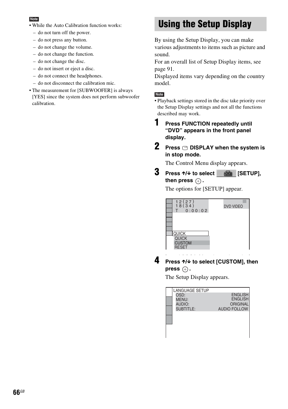 Using the setup display, Using | Sony DAV-DZ231 User Manual | Page 66 / 96