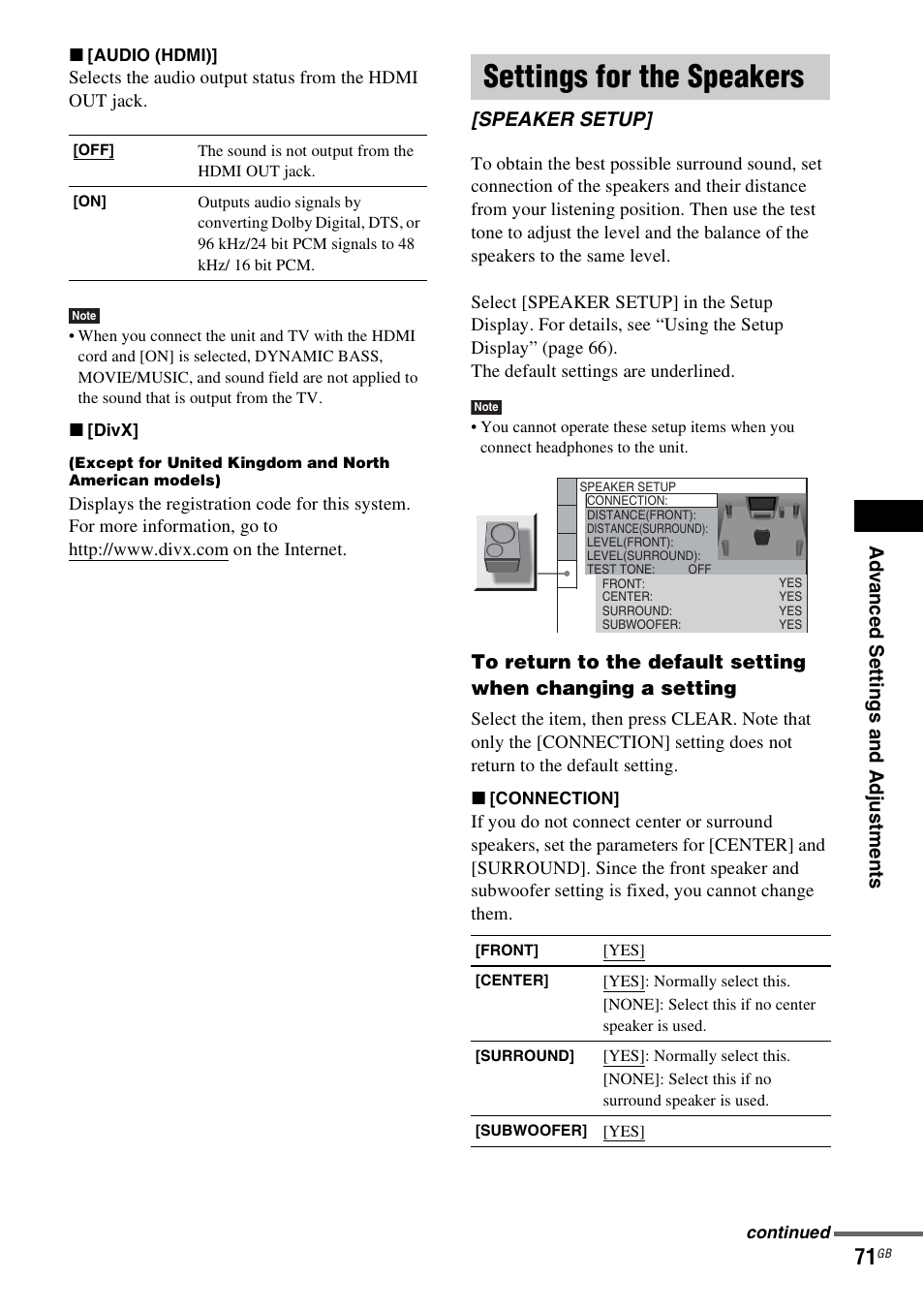 Settings for the speakers, Speaker setup | Sony DAV-DZ231 User Manual | Page 71 / 96
